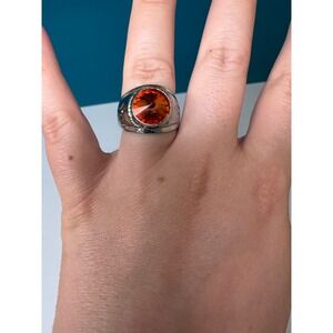 Vintage Style Silver Tone Orange Crystal Signet Ring Etched Detail Size 9‎